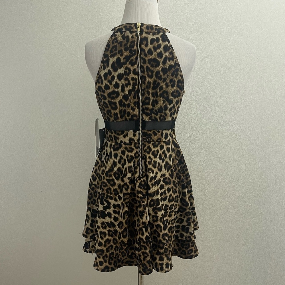 NORDSTROM LEOPARD PRINT BLACK MESH DETAIL FITTED STRECH A-LINE MINI DRESS - Picture 7 of 10